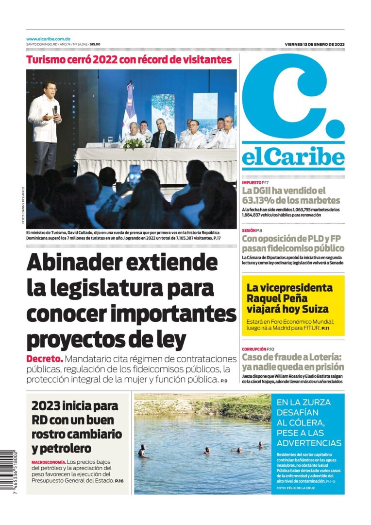 Portada Periódico El Caribe, Viernes 13 Enero, 2023