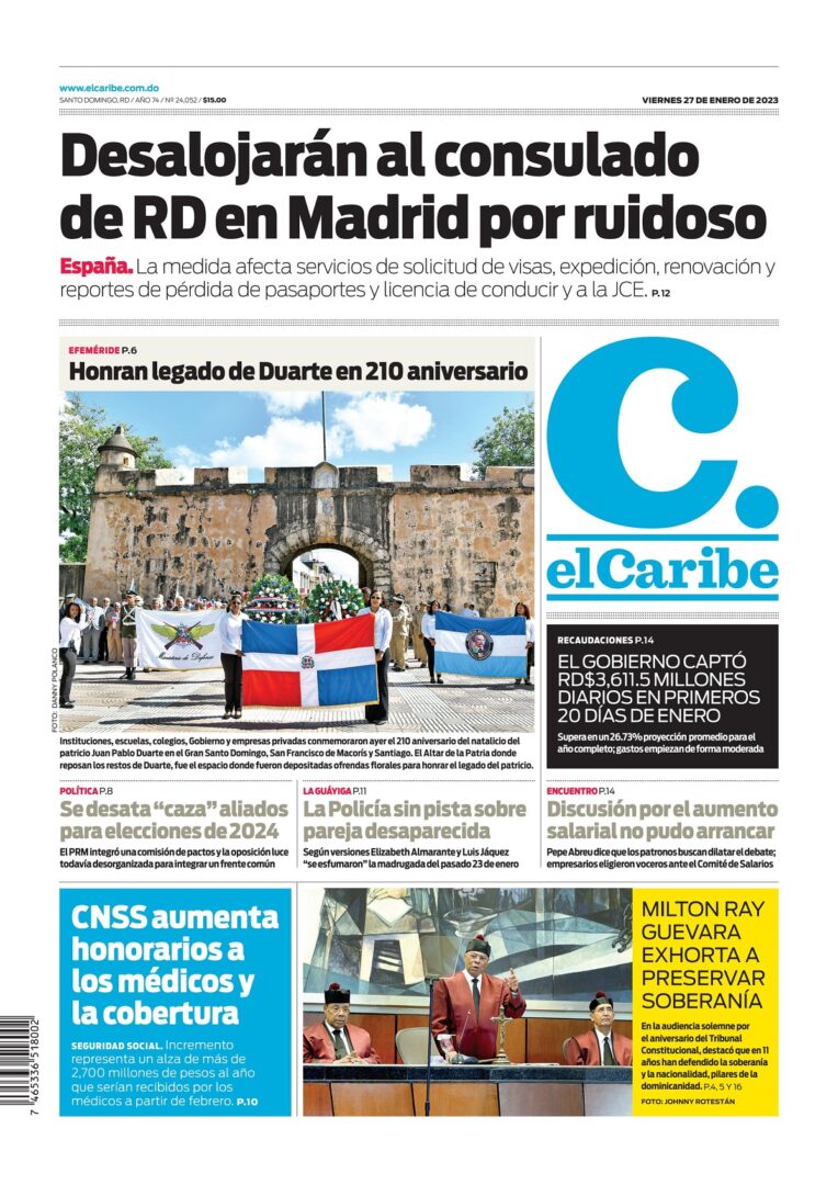 Portada Periódico El Caribe, Viernes 27 Enero, 2023