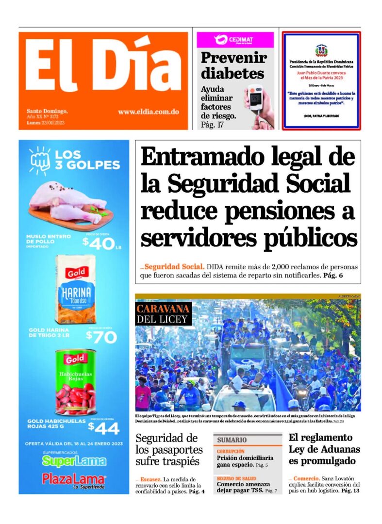 Portada Periódico El Día, Lunes 23 Enero, 2023
