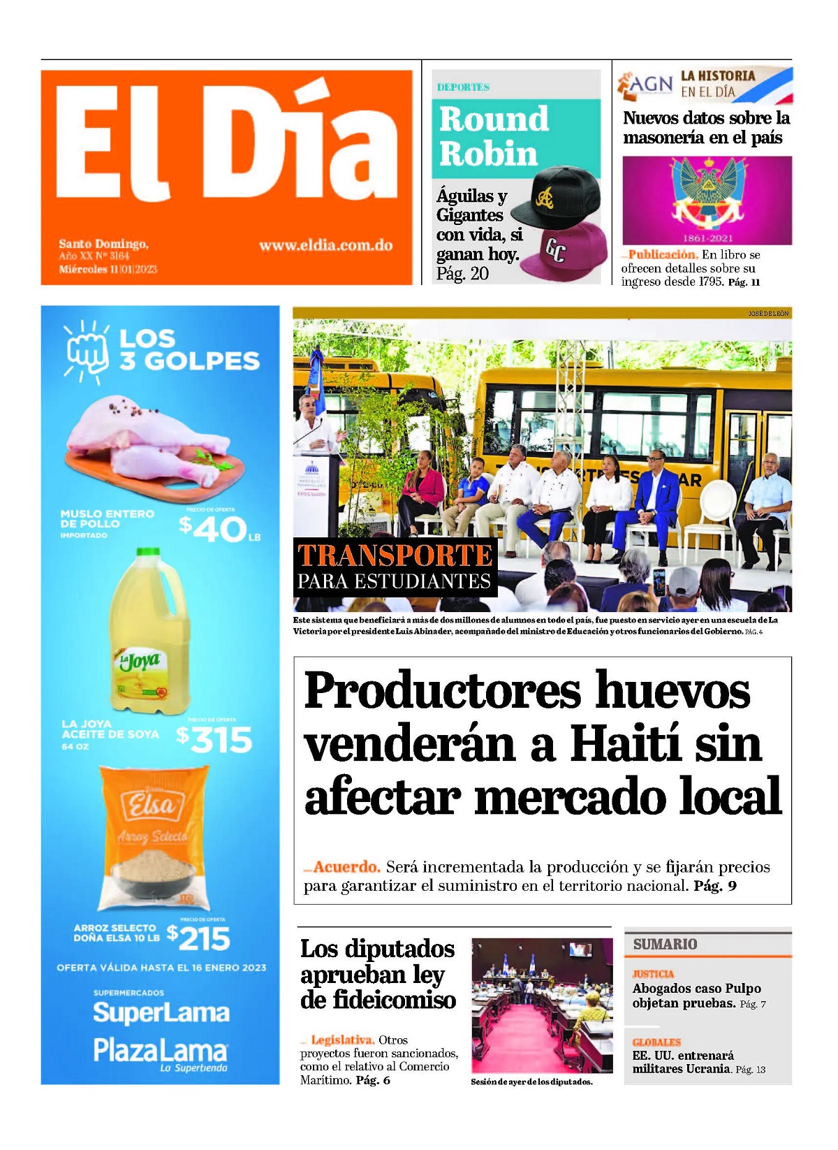 Portada Periódico El Día, Miércoles 11 Enero, 2023