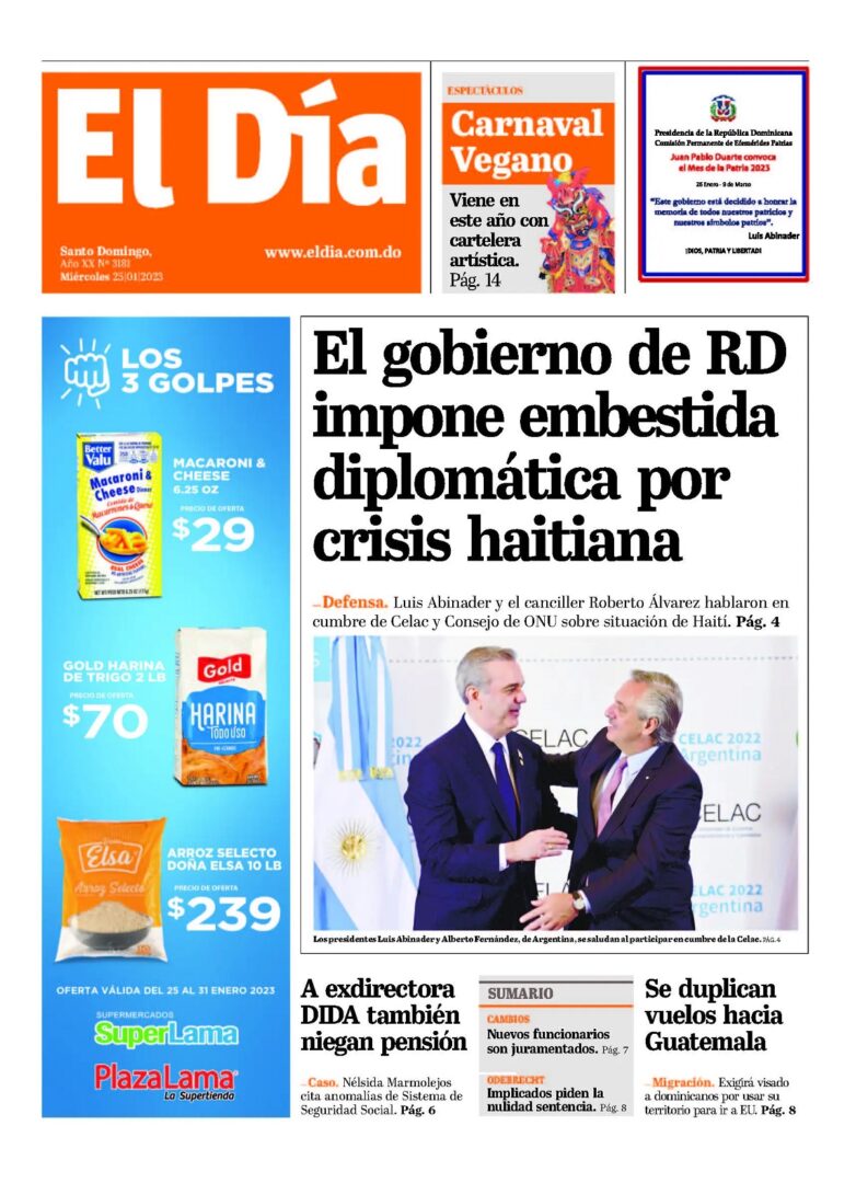 Portada Periódico El Día, Miércoles 25 Enero, 2023