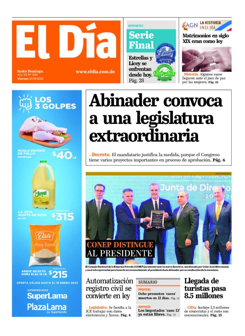 Portada Periódico El Día, Viernes 13 Enero, 2023