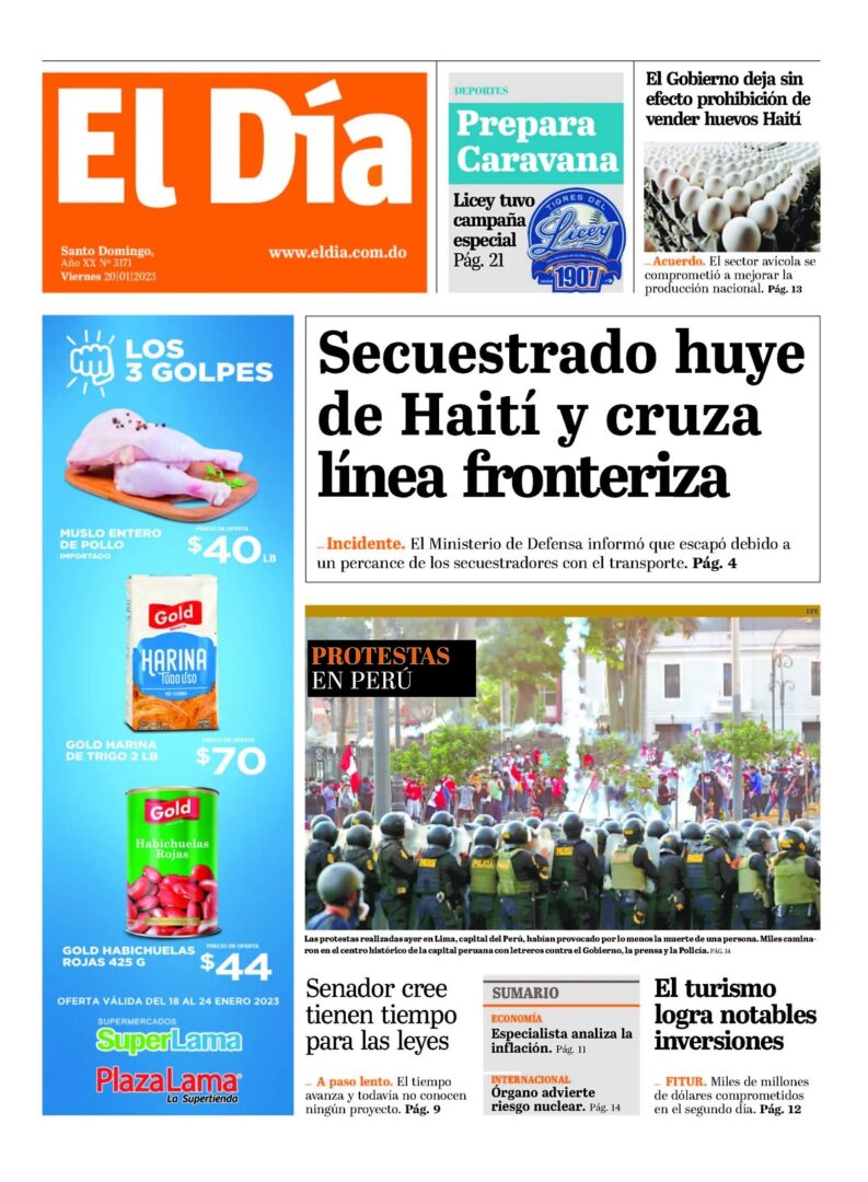 Portada Periódico El Día, Viernes 20 Enero, 2023