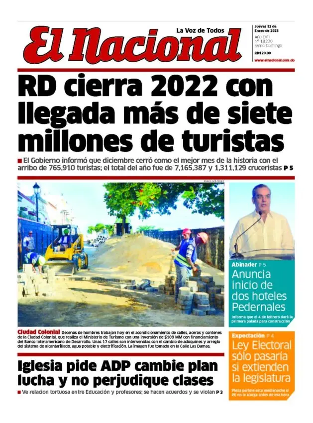 Portada Periódico El Nacional, Jueves 12 Enero, 2023
