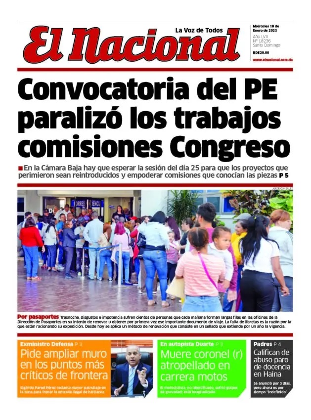 Portada Periódico El Nacional, Miércoles 18 Enero, 2023
