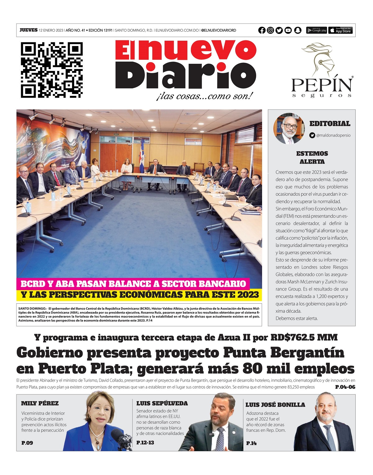 Portada Periódico El Nuevo Diario, Jueves 12 Enero, 2023
