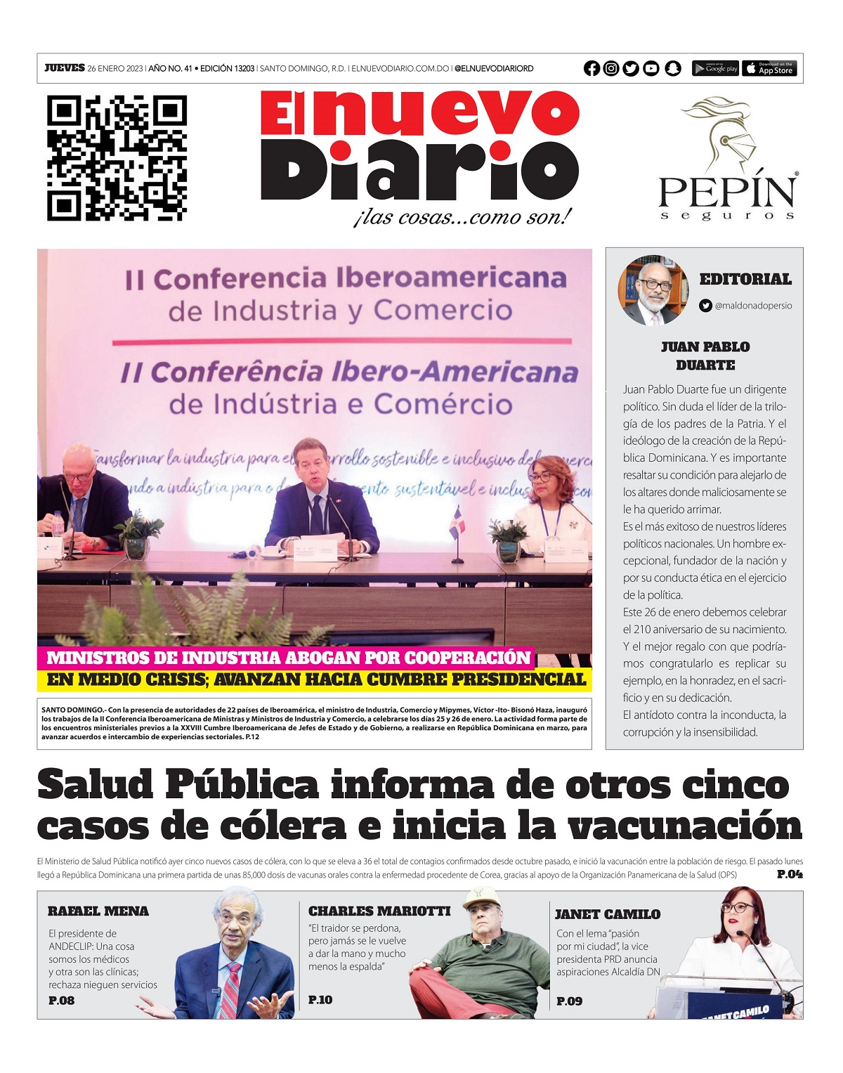 Portada Periódico El Nuevo Diario, Jueves 26 Enero, 2023