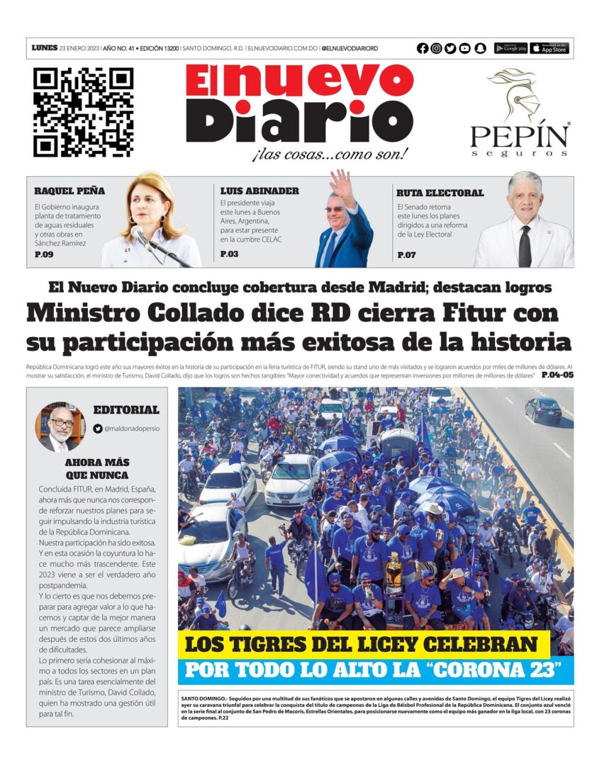 Portada Periódico El Nuevo Diario, Lunes 23 Enero, 2023