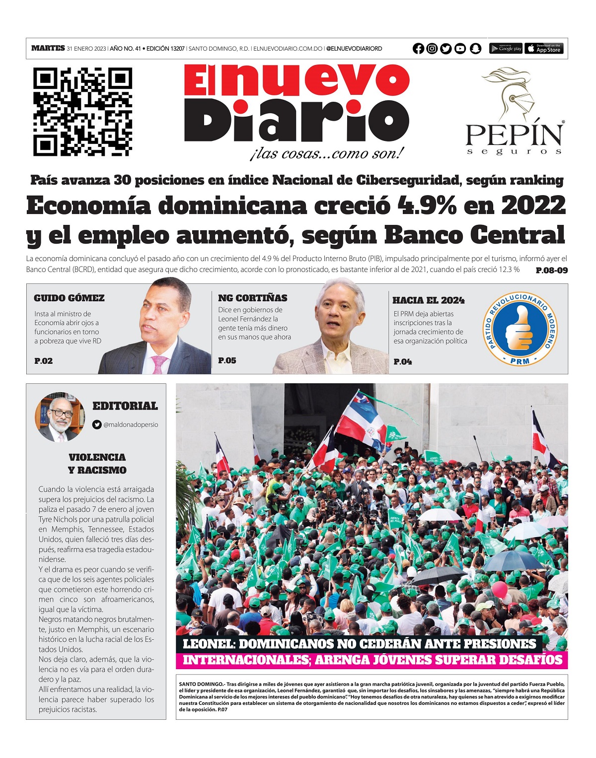 Portada Periódico El Nuevo Diario, Martes 31 Enero, 2023