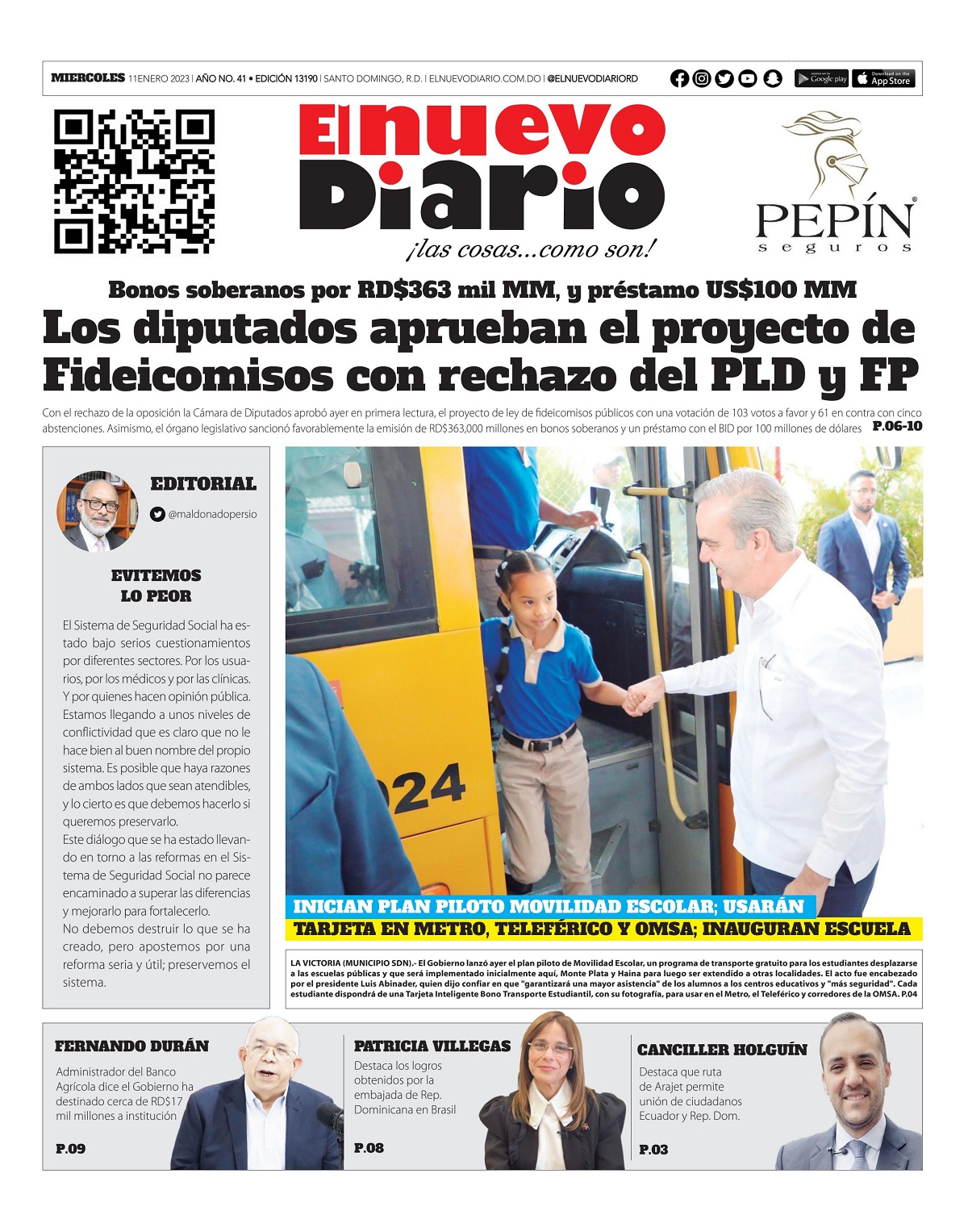 Portada Periódico El Nuevo Diario, Miércoles 11 Enero, 2023