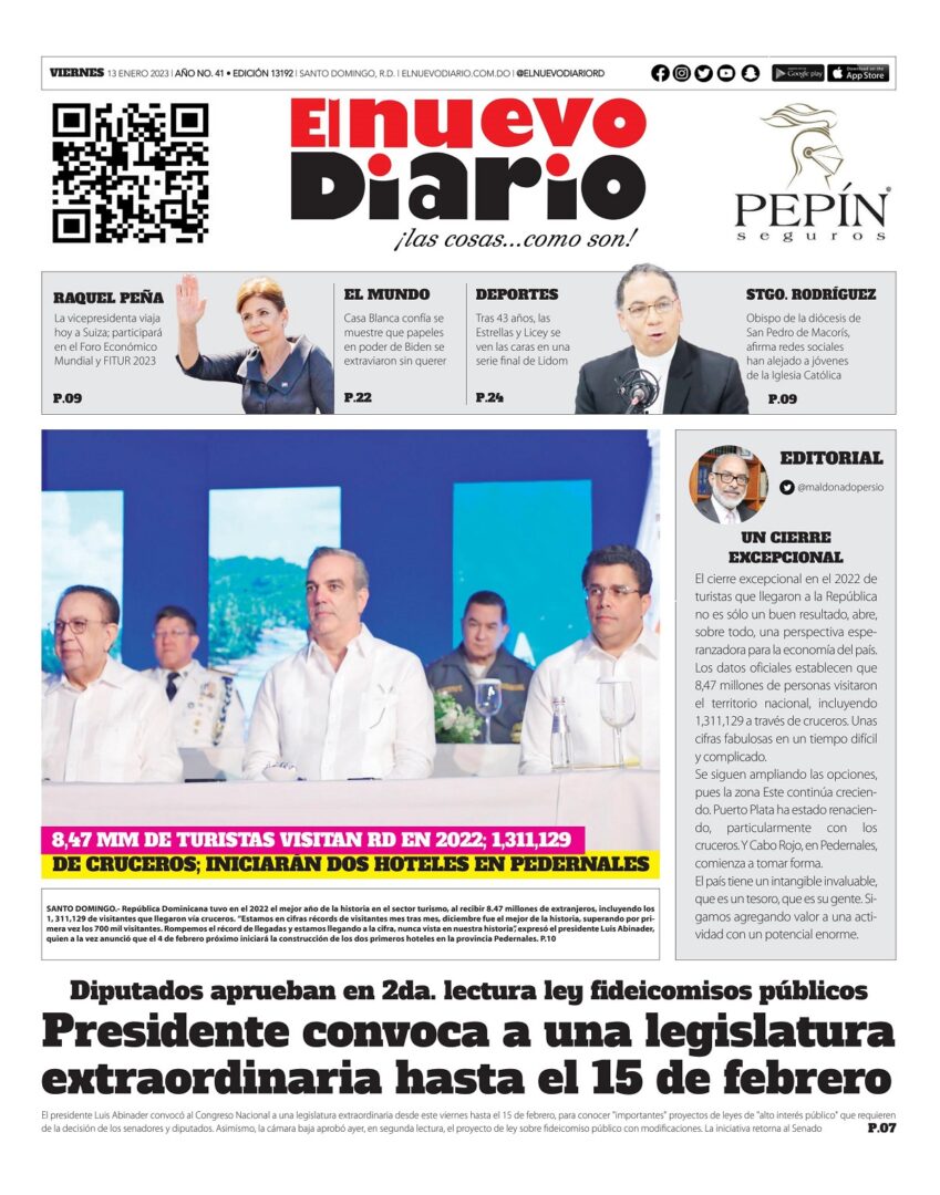 Portada Periódico El Nuevo Diario, Viernes 13 Enero, 2023