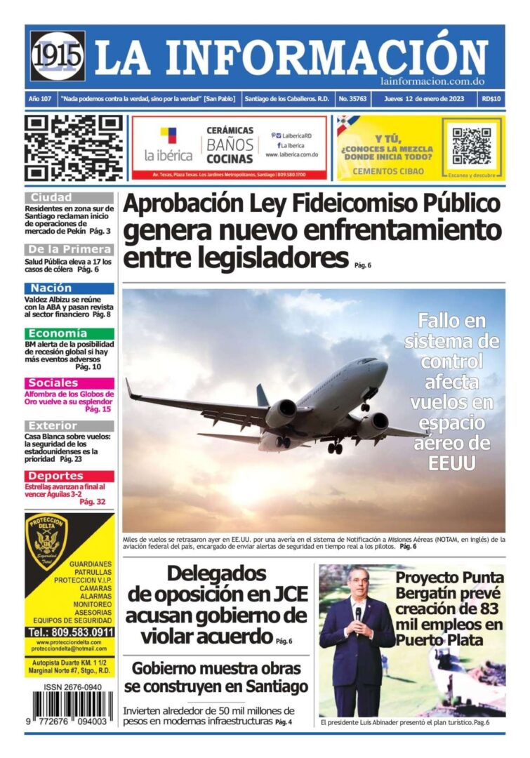 Portada Periódico La Información, Jueves 12 Enero, 2023