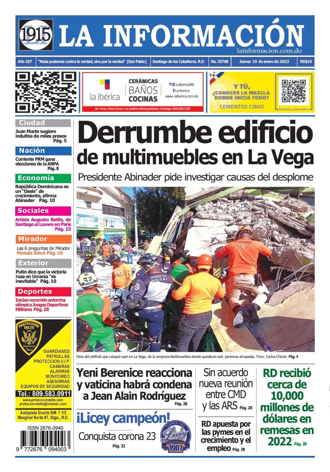 Portada Periódico La Información, Jueves 19 Enero, 2023