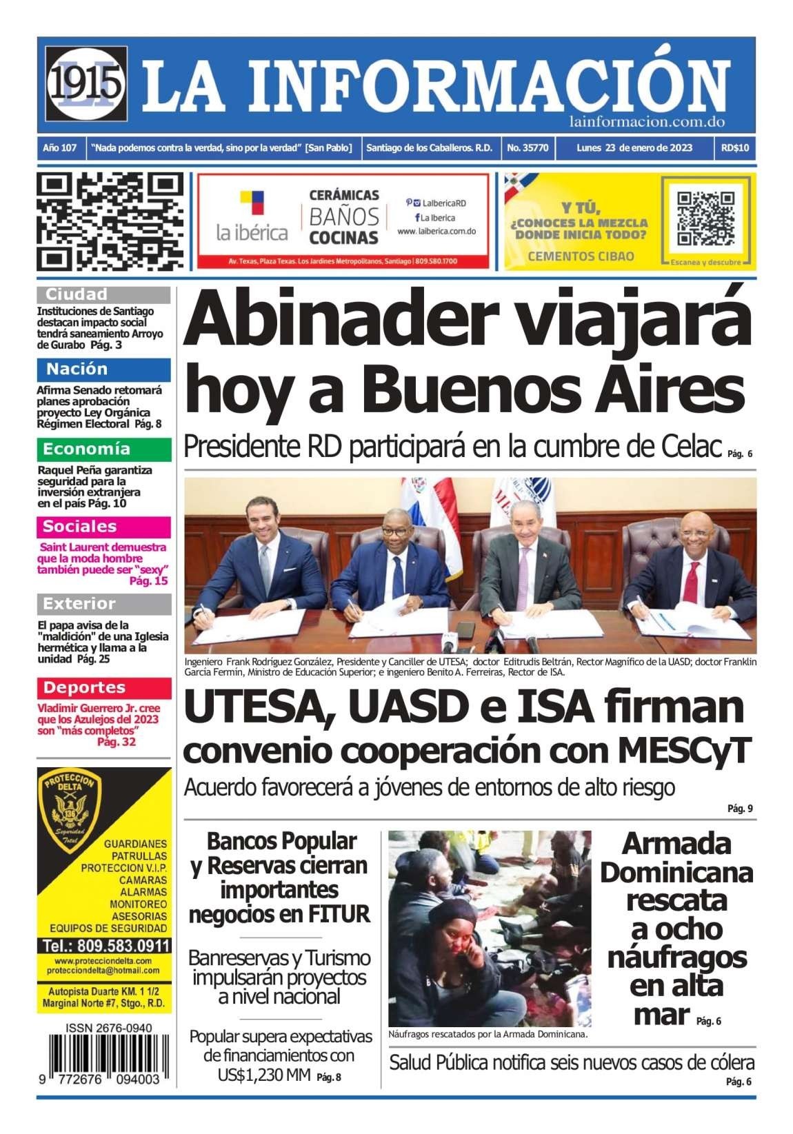 Portada Periódico La Información, Lunes 23 Enero, 2023
