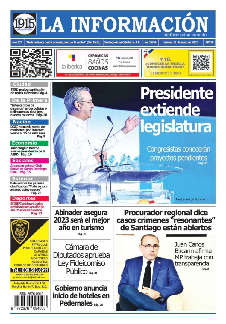 Portada Periódico La Información, Viernes 13 Enero, 2023
