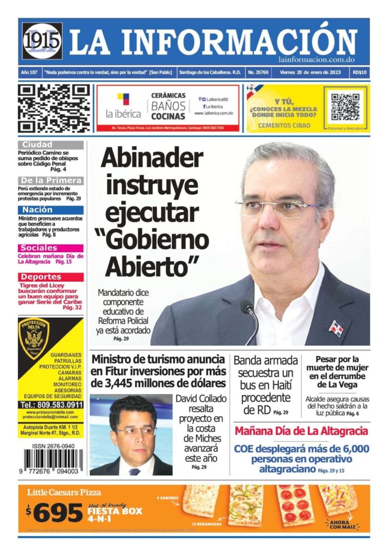 Portada Periódico La Información, Viernes 20 Enero, 2023