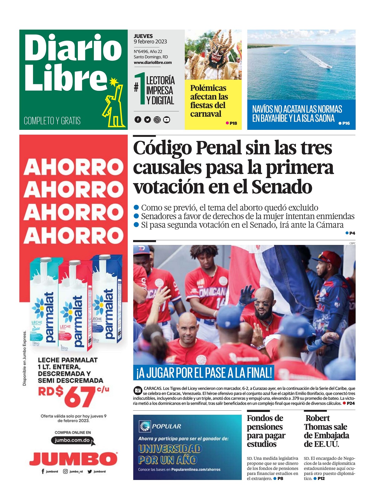 Portada Periódico Diario Libre, Jueves 09 Febrero, 2023