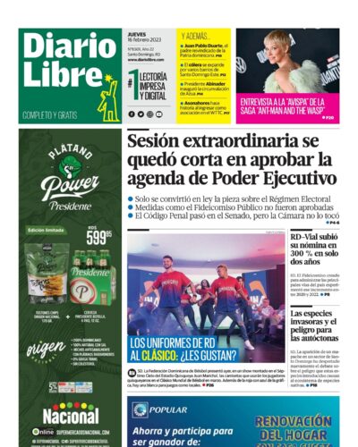 Portada Periódico Diario Libre, Jueves 16 Febrero, 2023