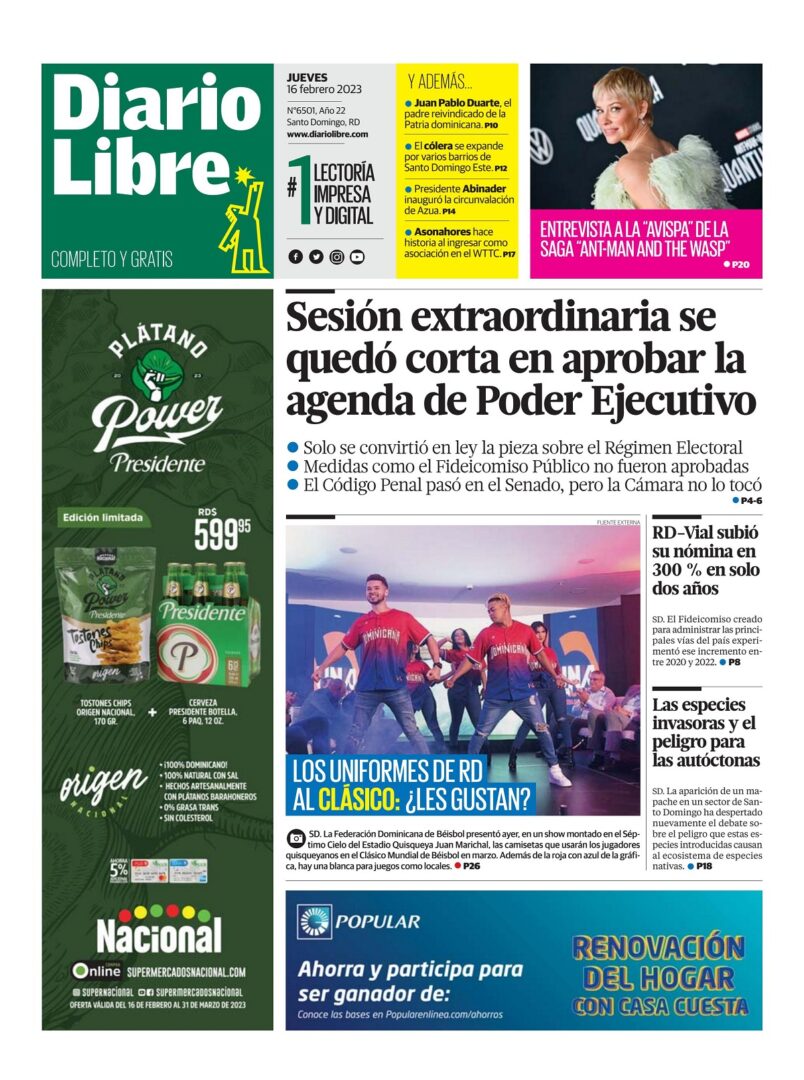 Portada Periódico Diario Libre, Jueves 16 Febrero, 2023