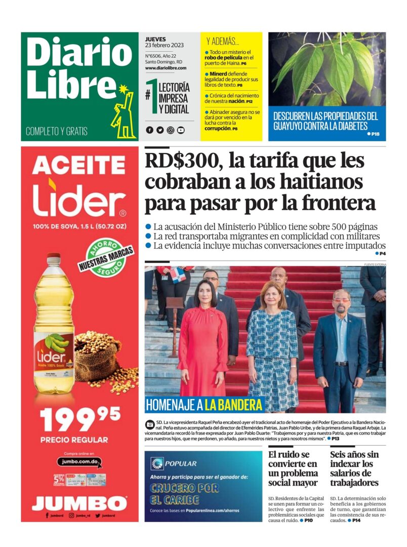 Portada Periódico Diario Libre, Jueves 23 Febrero, 2023