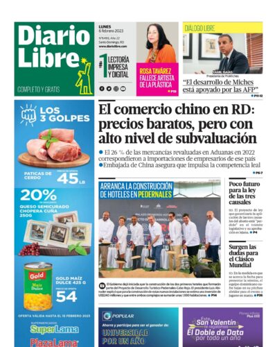 Portada Periódico Diario Libre, Lunes 06 Febrero, 2023