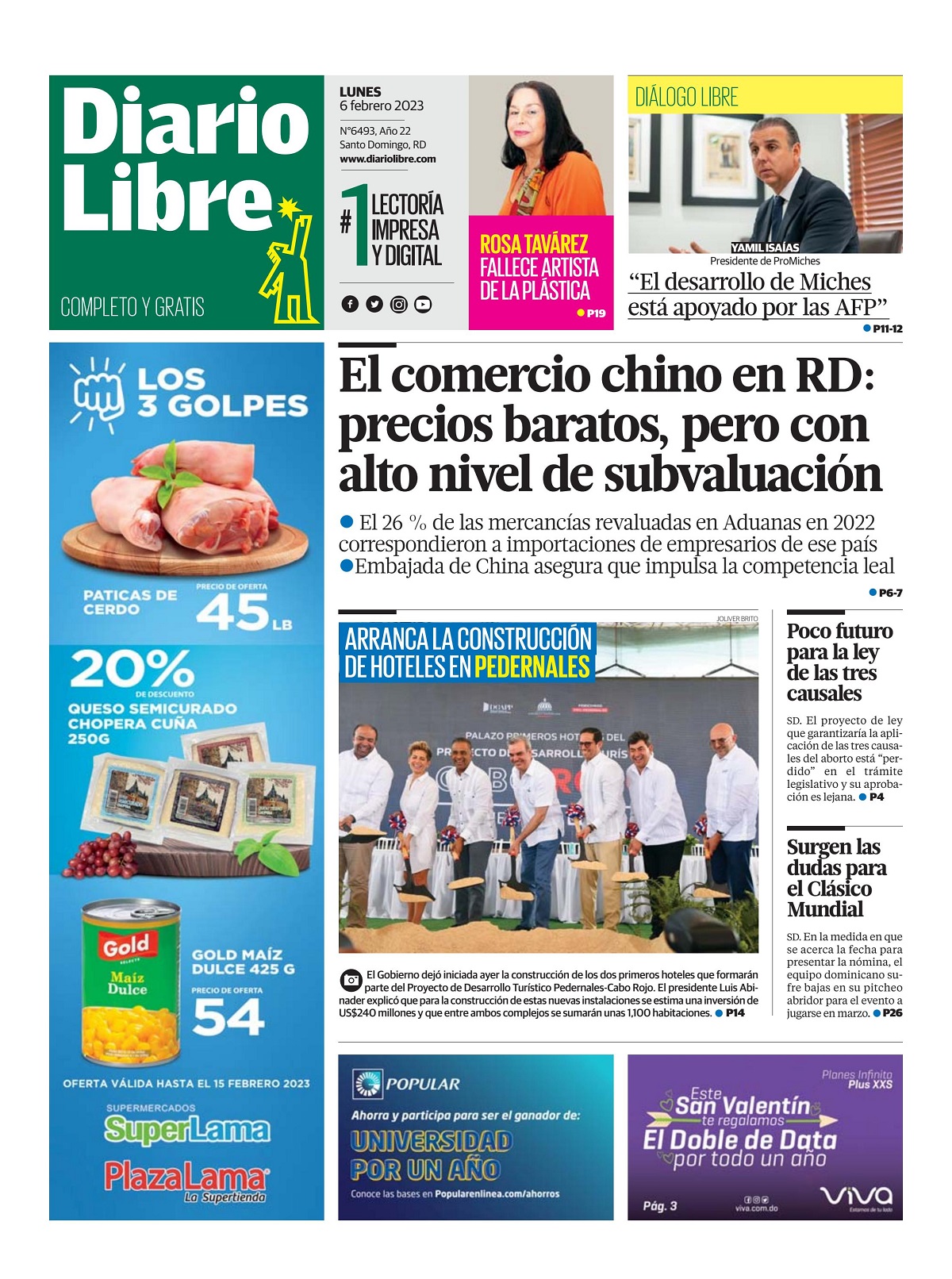 Portada Periódico Diario Libre, Lunes 06 Febrero, 2023