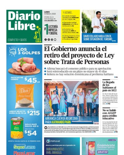 Portada Periódico Diario Libre, Lunes 13 Febrero, 2023