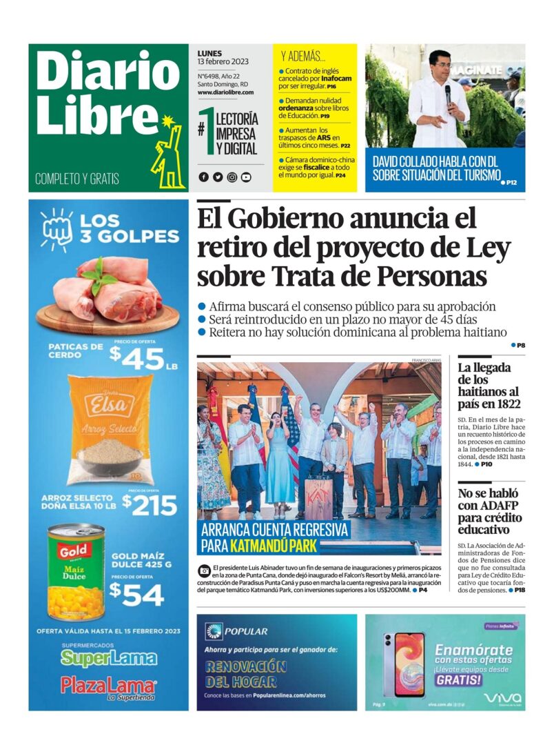Portada Periódico Diario Libre, Lunes 13 Febrero, 2023