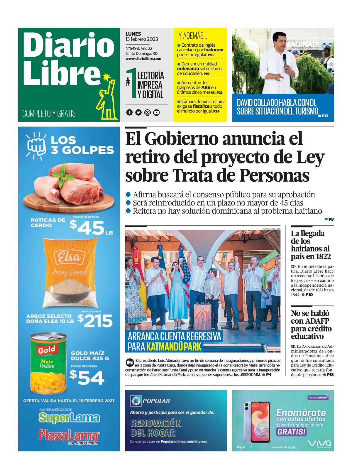 Portada Periódico Diario Libre, Lunes 13 Febrero, 2023