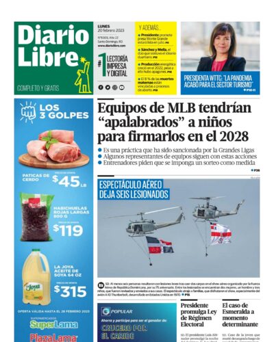 Portada Periódico Diario Libre, Lunes 20 Febrero, 2023