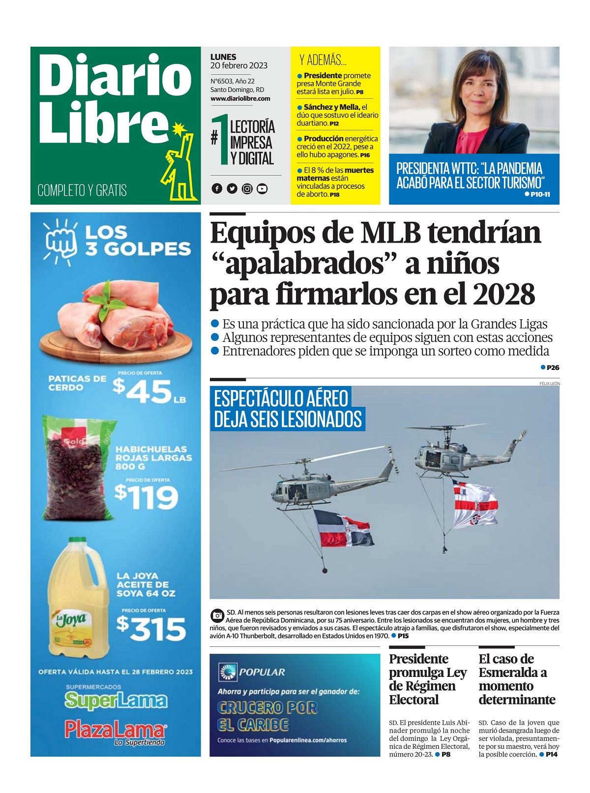 Portada Periódico Diario Libre, Lunes 20 Febrero, 2023