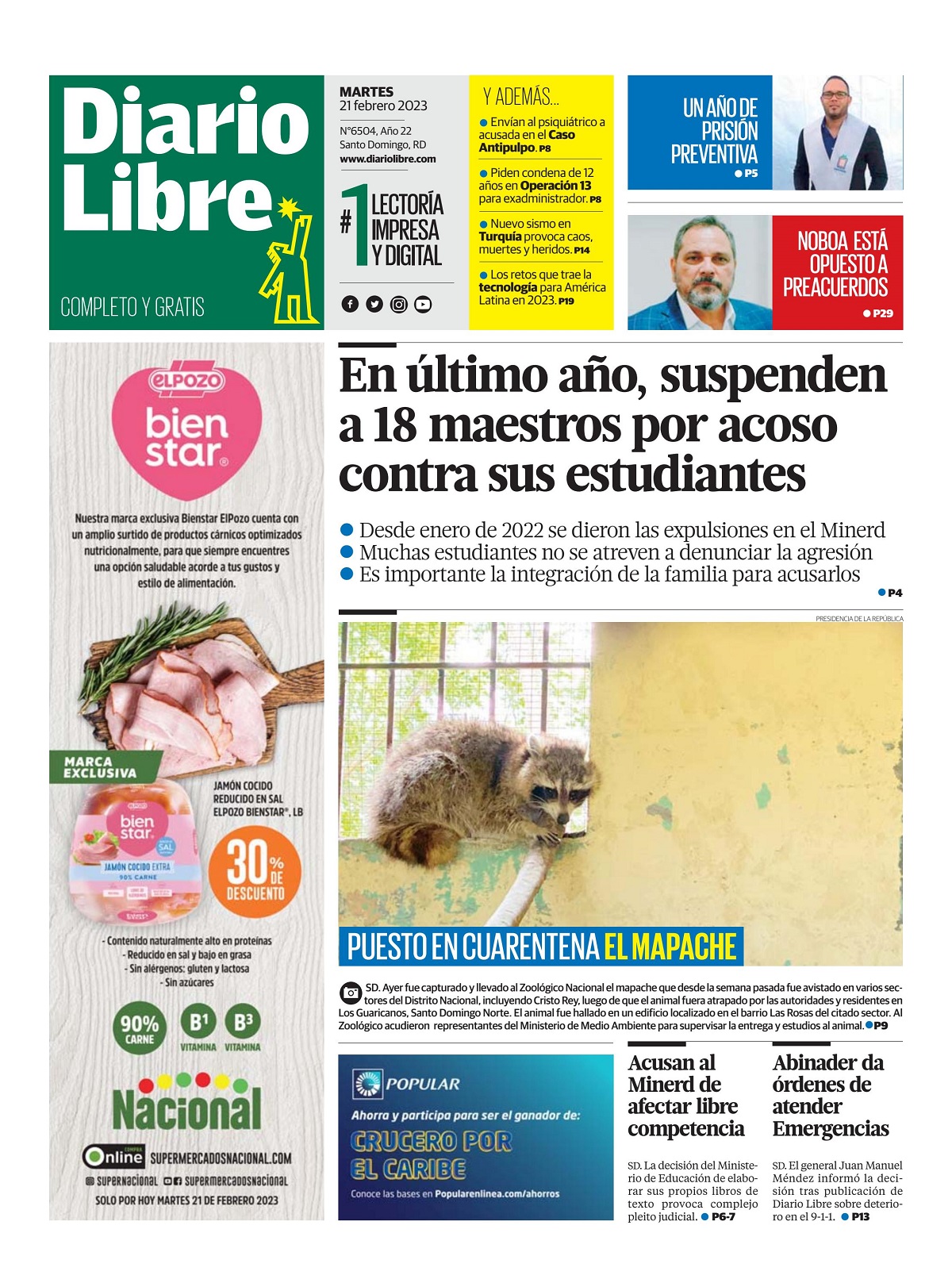 Portada Periódico Diario Libre, Martes 21 Febrero, 2023