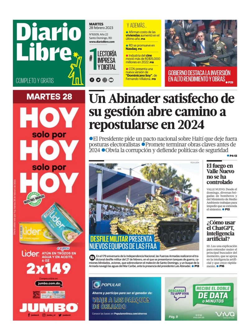 Portada Periódico Diario Libre, Martes 28 Febrero, 2023
