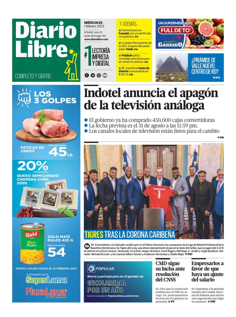 Portada Periódico Diario Libre, Miércoles 01 Febrero, 2023