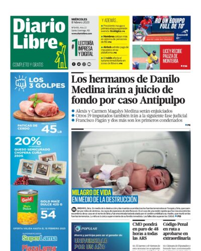 Portada Periódico Diario Libre, Miércoles 08 Febrero, 2023