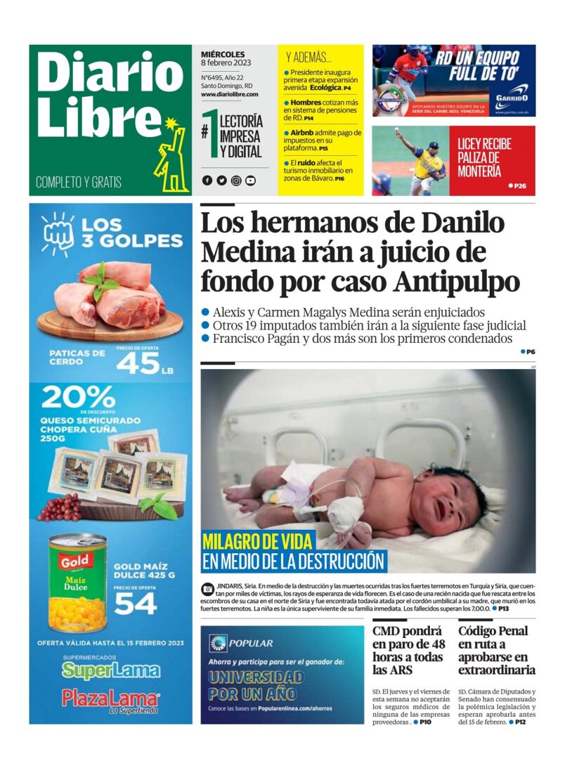 Portada Periódico Diario Libre, Miércoles 08 Febrero, 2023