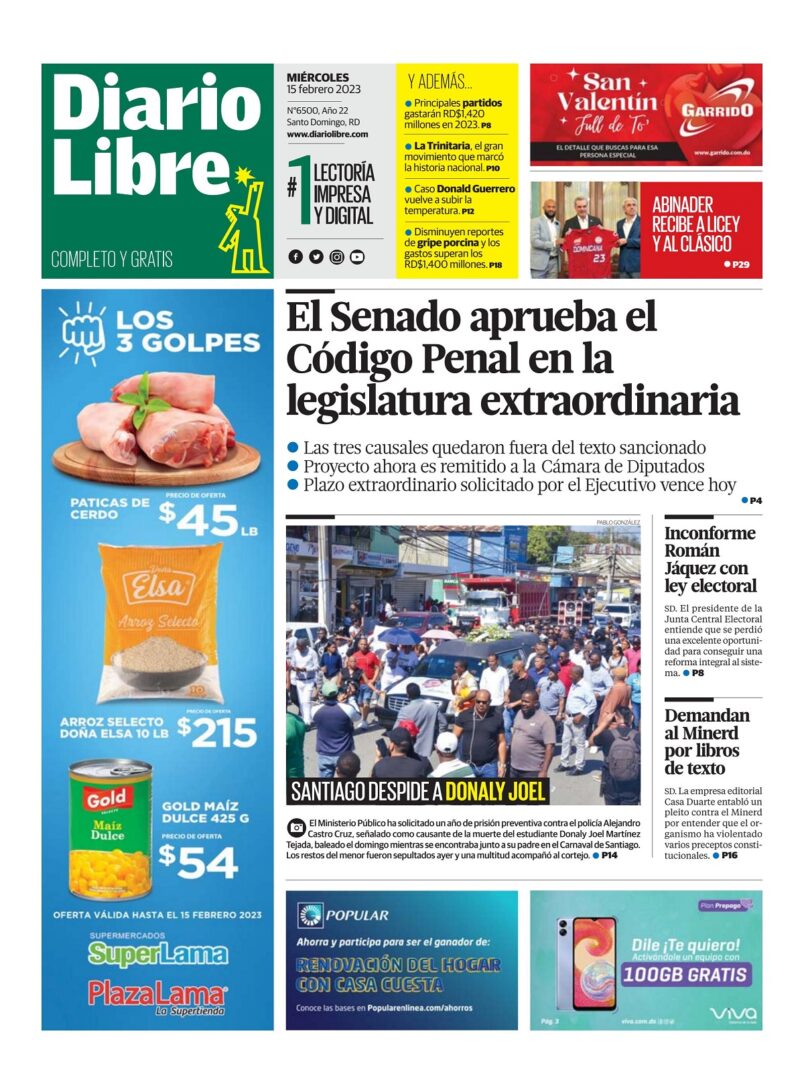 Portada Periódico Diario Libre, Miércoles 15 Febrero, 2023