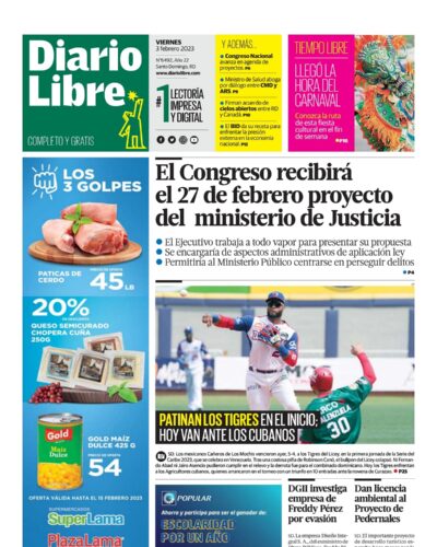 Portada Periódico Diario Libre, Viernes 03 Febrero, 2023
