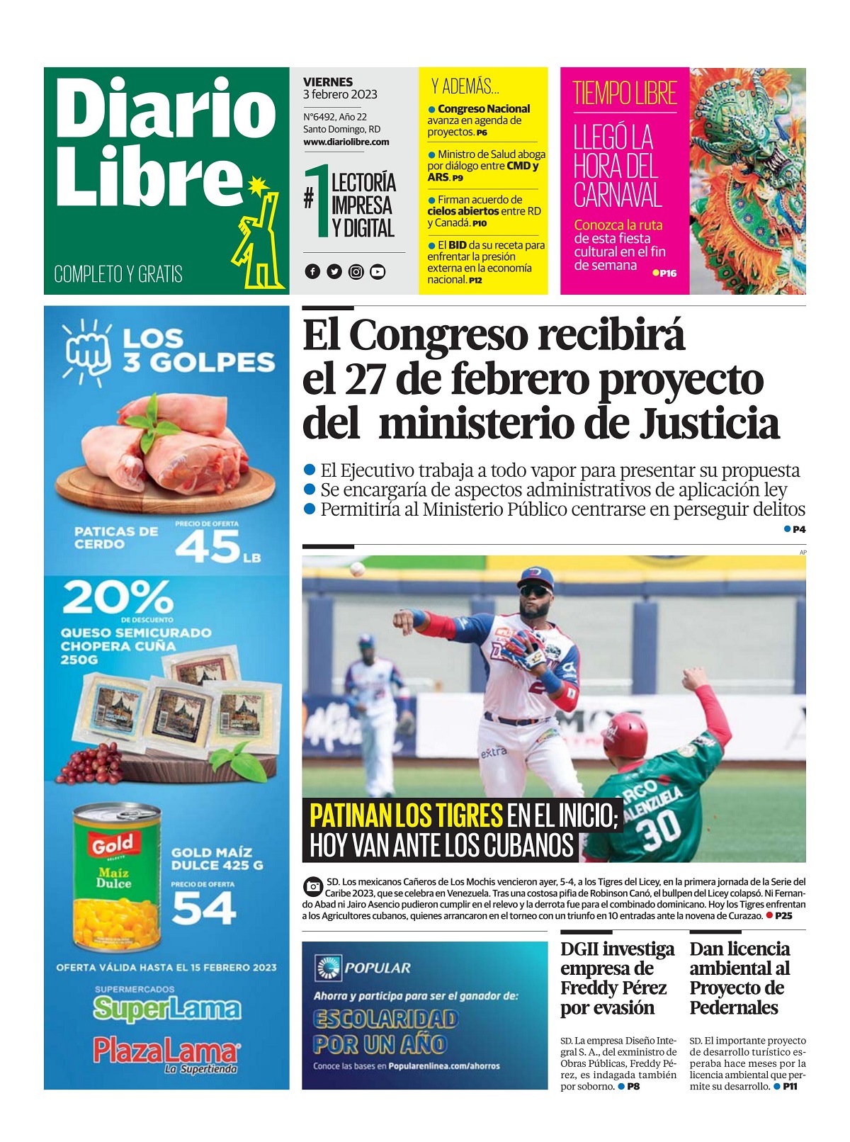 Portada Periódico Diario Libre, Viernes 03 Febrero, 2023