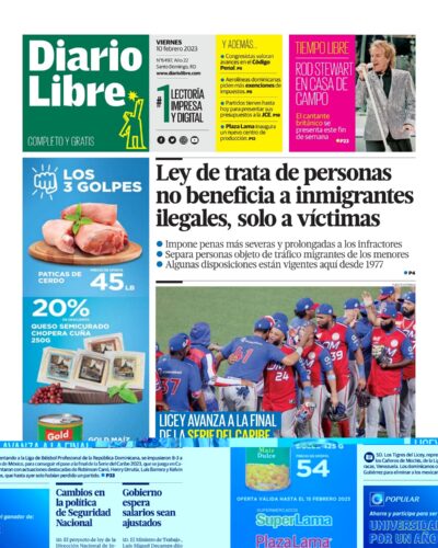 Portada Periódico Diario Libre, Viernes 10 Febrero, 2023