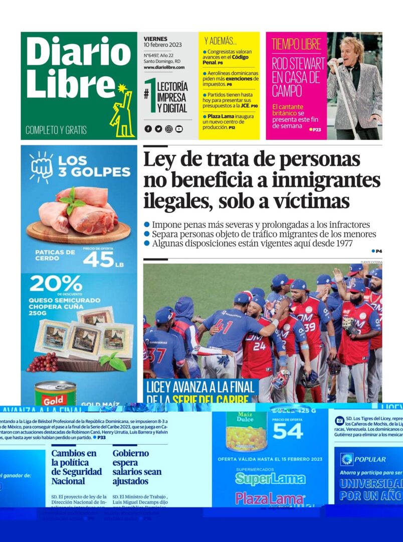 Portada Periódico Diario Libre, Viernes 10 Febrero, 2023