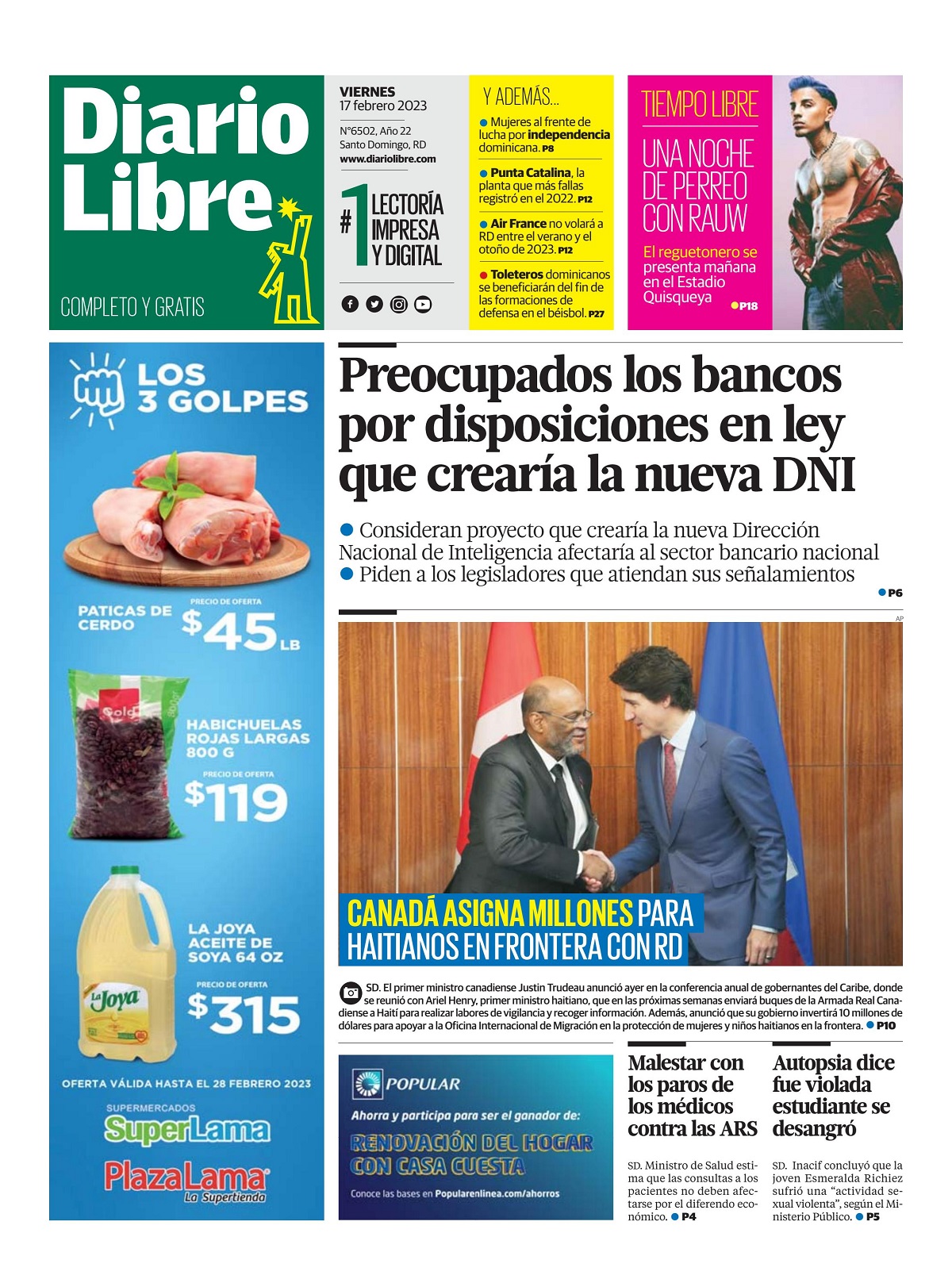 Portada Periódico Diario Libre, Viernes 17 Febrero, 2023