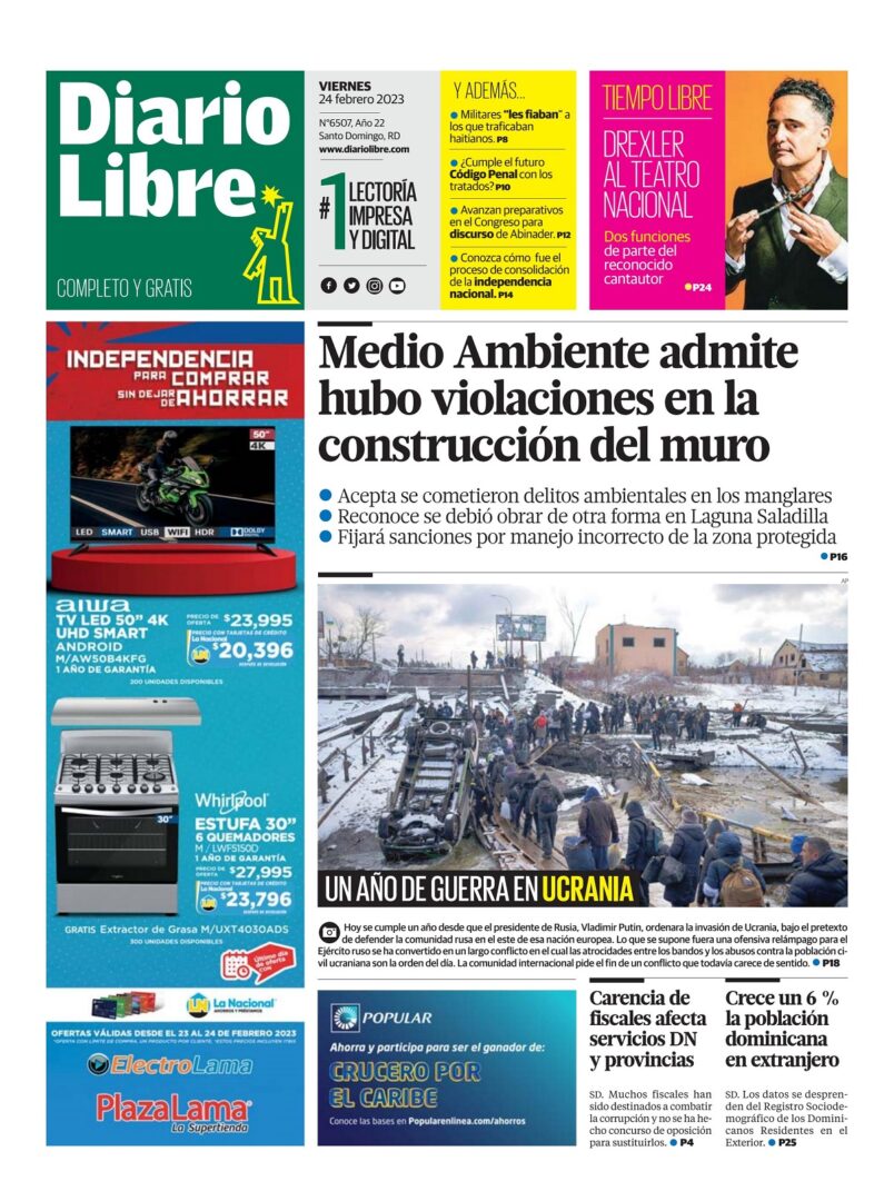Portada Periódico Diario Libre, Viernes 24 Febrero, 2023
