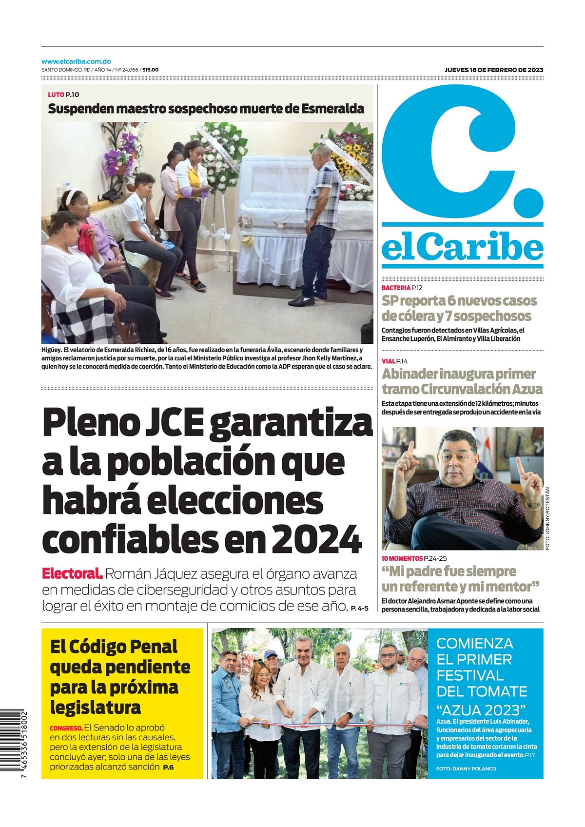 Portada Periódico El Caribe, Jueves 16 Febrero, 2023