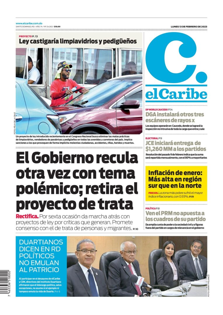 Portada Periódico El Caribe, Lunes 13 Febrero, 2023