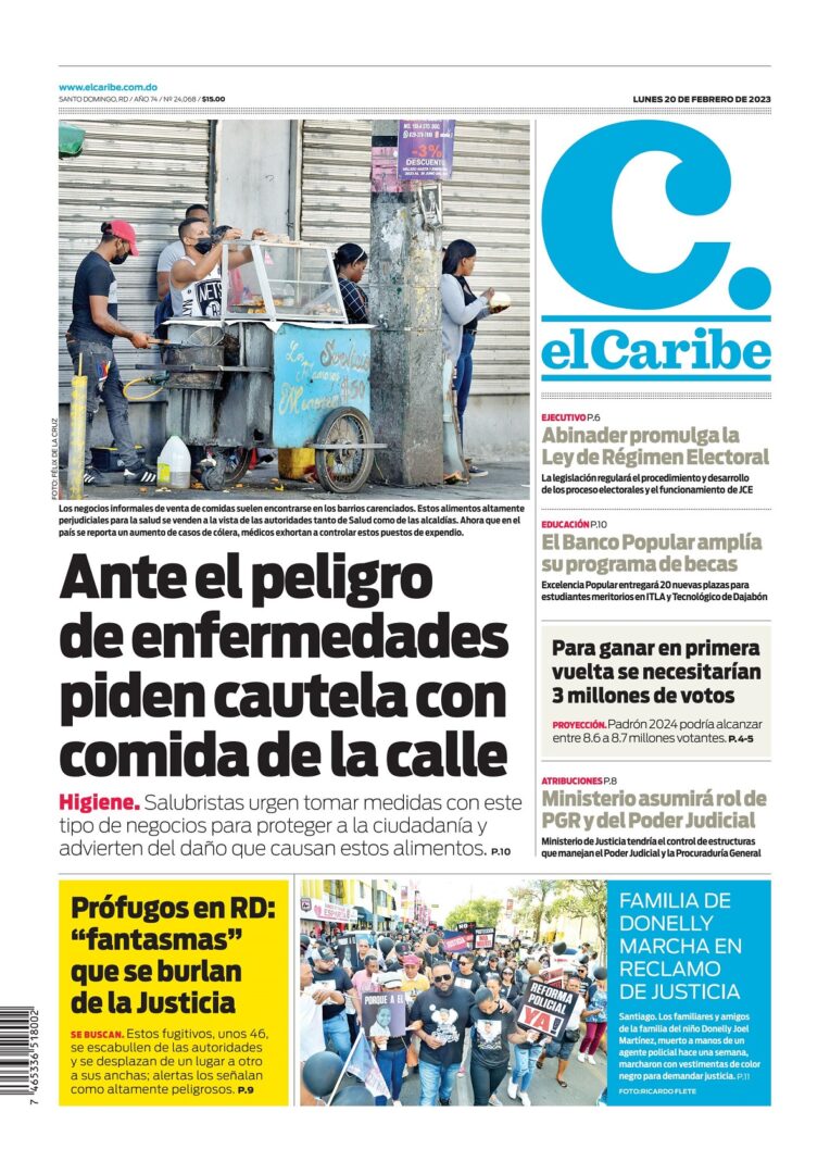 Portada Periódico El Caribe, Lunes 20 Febrero, 2023