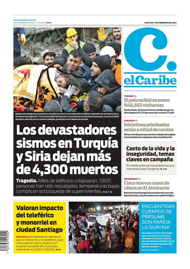 Portada Periódico El Caribe, Martes 07 Febrero, 2023