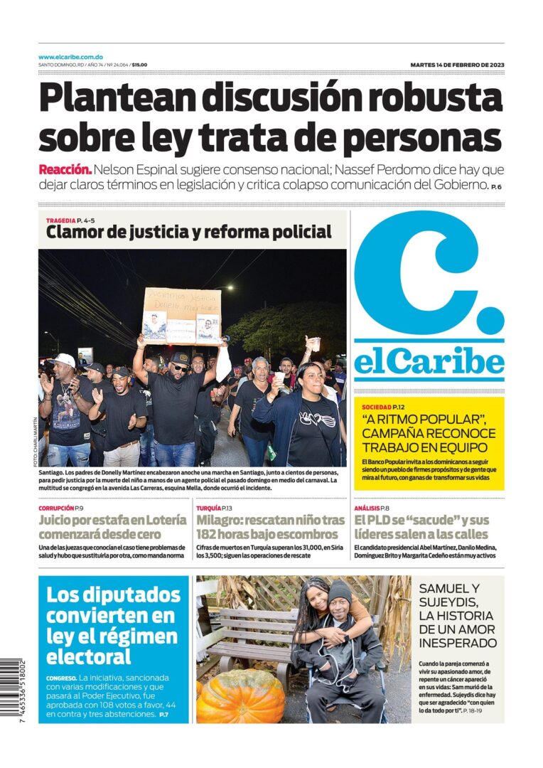 Portada Periódico El Caribe, Martes 14 Febrero, 2023