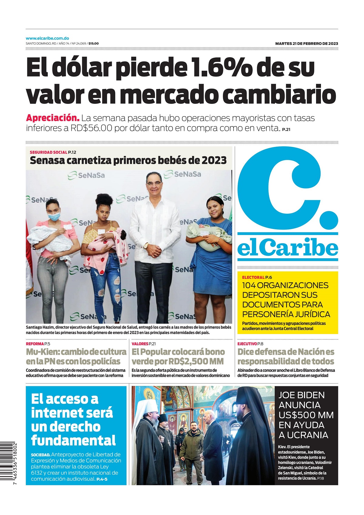 Portada Periódico El Caribe, Martes 21 Febrero, 2023