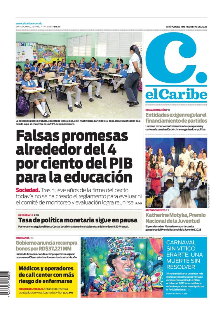 Portada Periódico El Caribe, Miércoles 01 Febrero, 2023